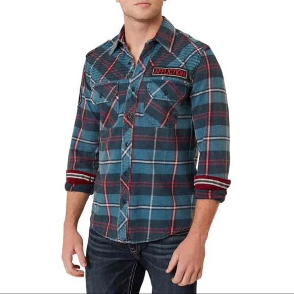 Affliction Men's Button Down Shirt Eastside Woven Embroidered Biker - Picture 10 of 11